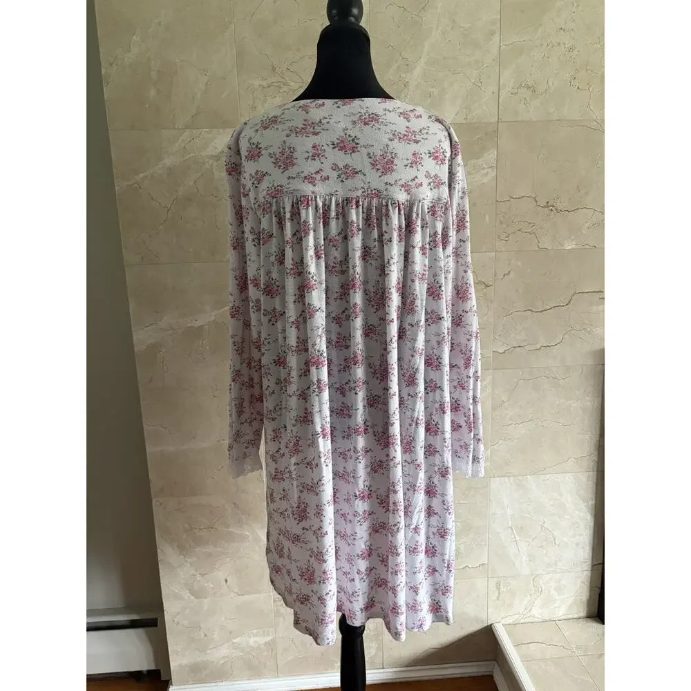 Eileen West Long Sleeve Floral Chemise Nightgown XL Pink Lace Cottage Trad Wife